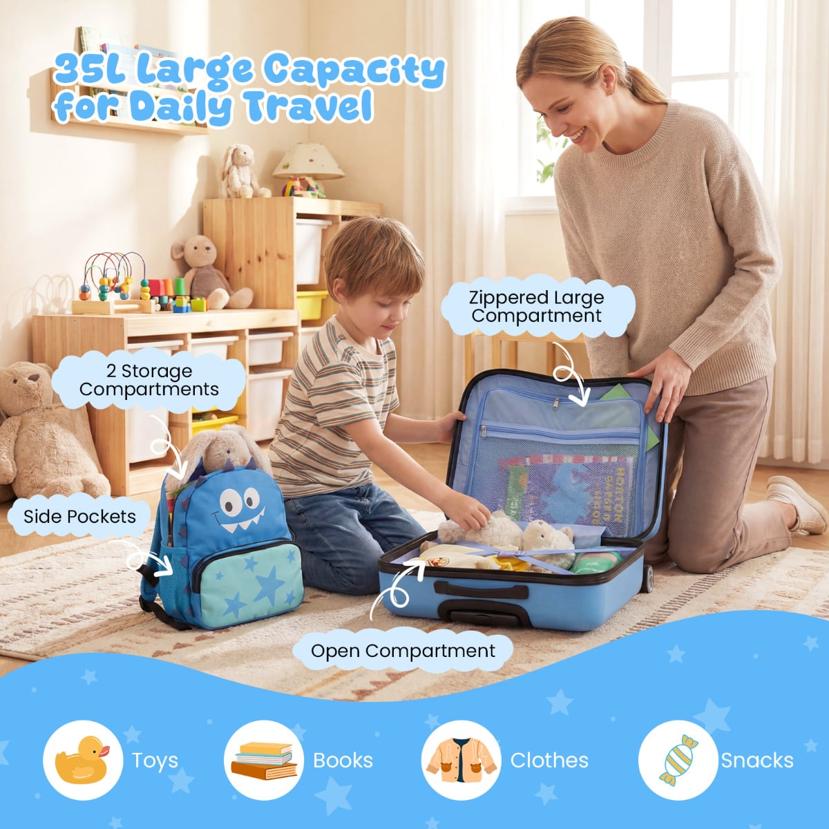 2 Pieces Kid Luggage Set with Spinner Wheels and Lanyard for Carry Strap-Blue