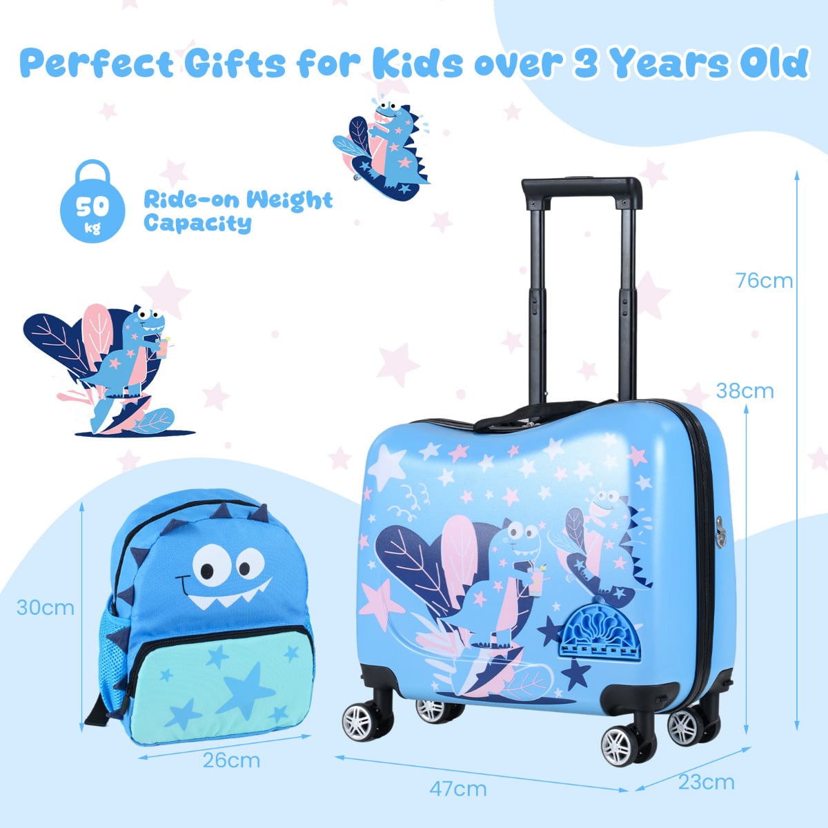 2 Pieces Kid Luggage Set with Spinner Wheels and Lanyard for Carry Strap-Blue