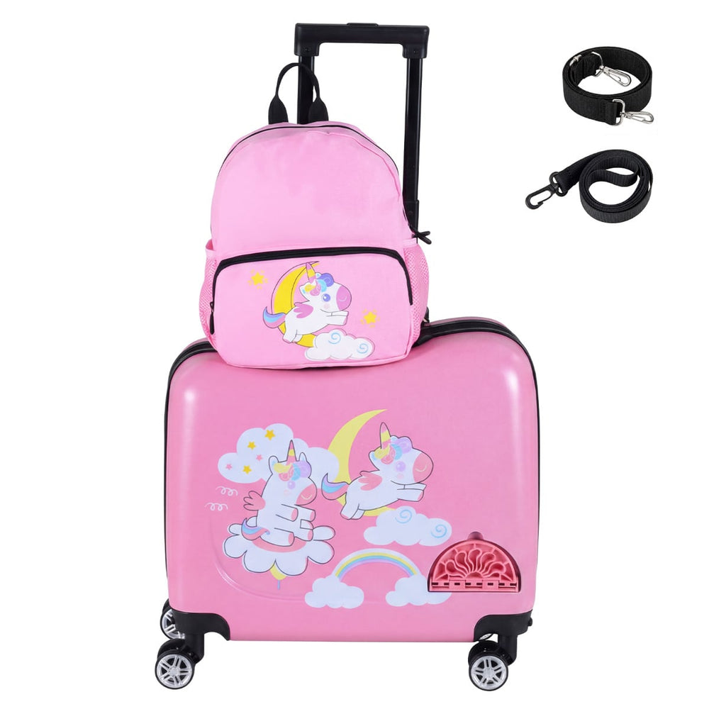 2 Pieces Kid Luggage Set with Spinner Wheels and Lanyard for Carry Strap-Pink