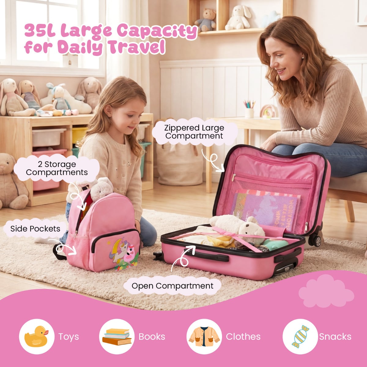 2 Pieces Kid Luggage Set with Spinner Wheels and Lanyard for Carry Strap-Pink