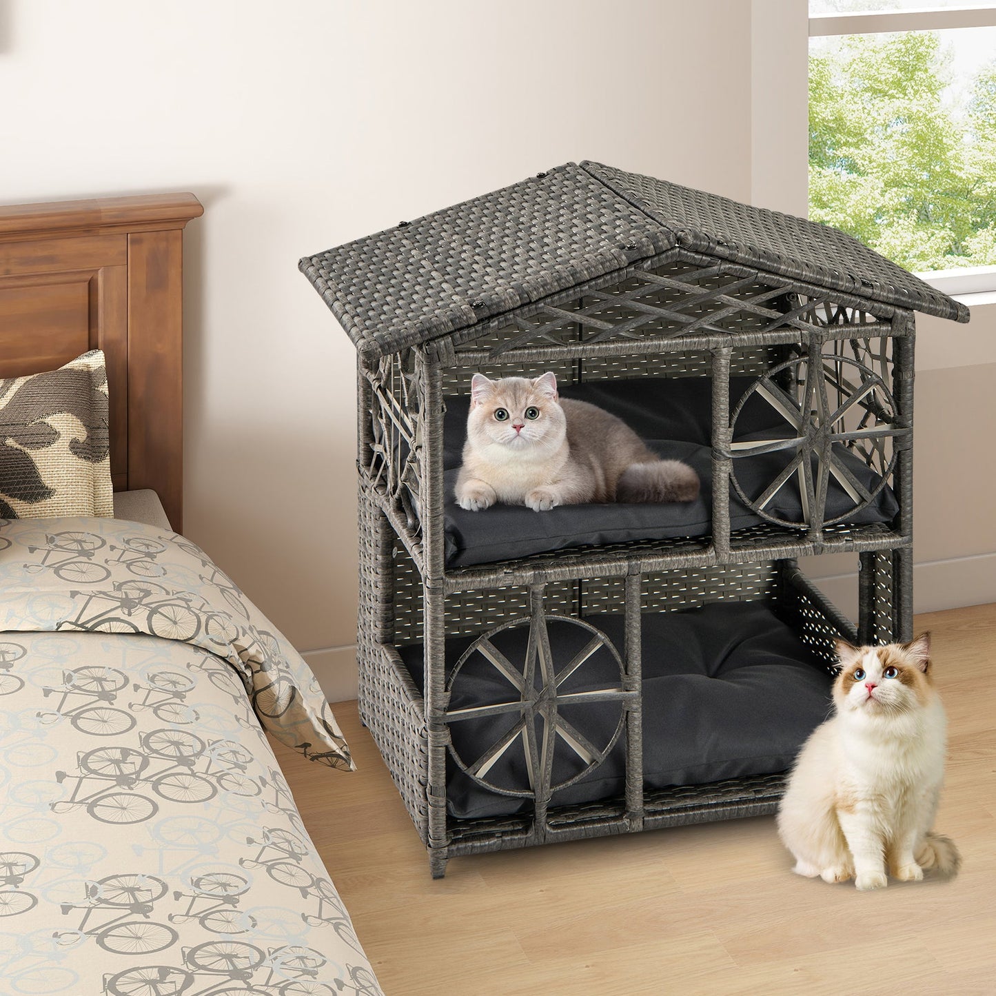 2-storey Wicker Cat House with Removable Cushions-Grey