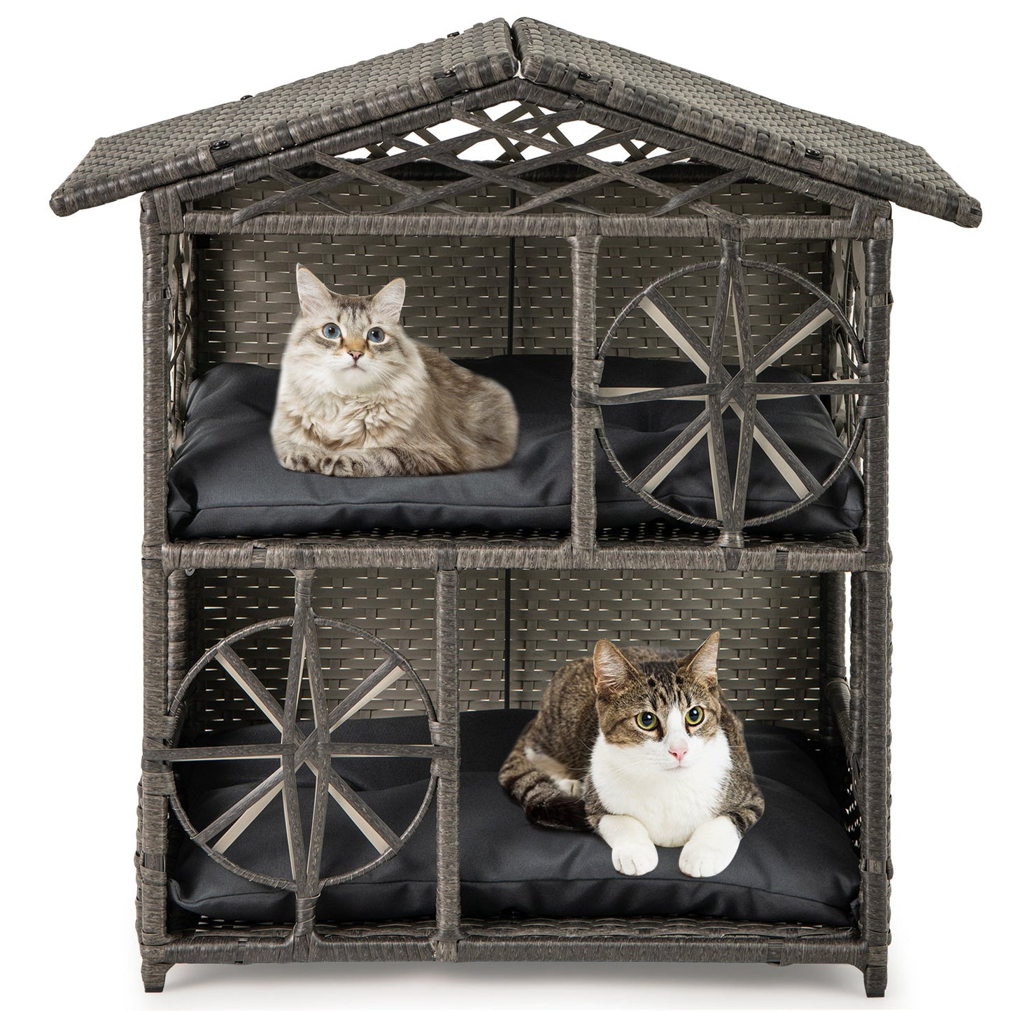2-storey Wicker Cat House with Removable Cushions-Grey