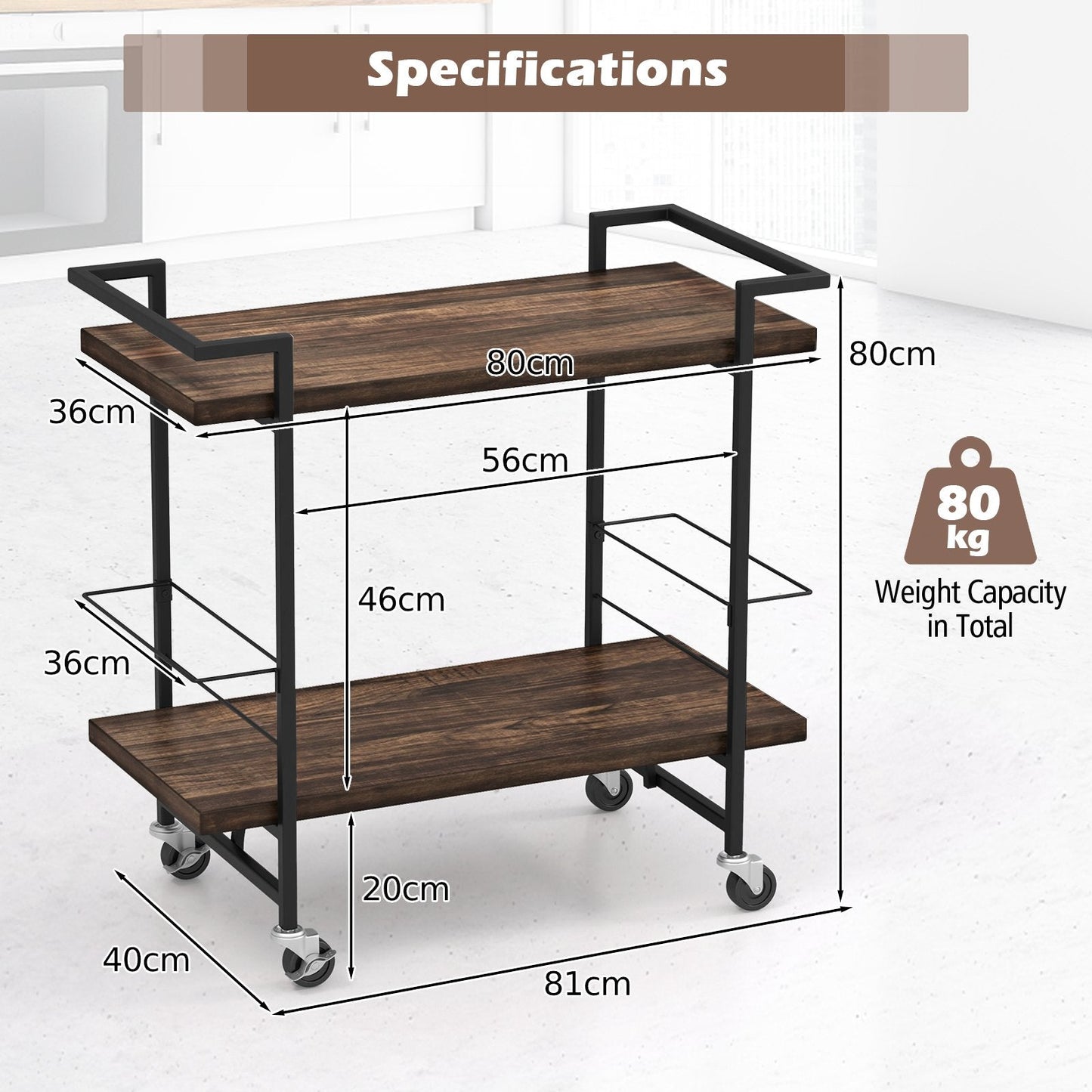 2-tier Home Bar Cart with Lockable Wheels and Guardrail-Rustic Brown
