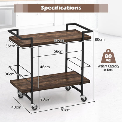 2-tier Home Bar Cart with Lockable Wheels and Guardrail-Rustic Brown