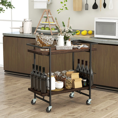 2-tier Home Bar Cart with Lockable Wheels and Guardrail-Rustic Brown