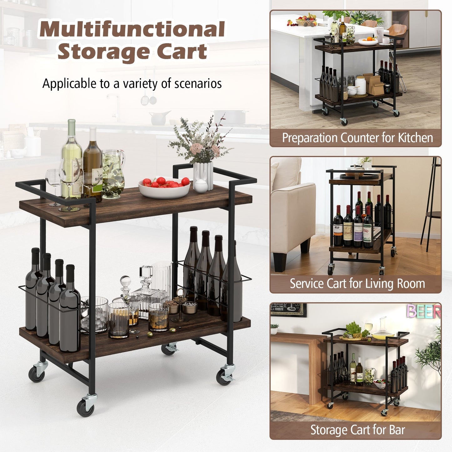 2-tier Home Bar Cart with Lockable Wheels and Guardrail-Rustic Brown