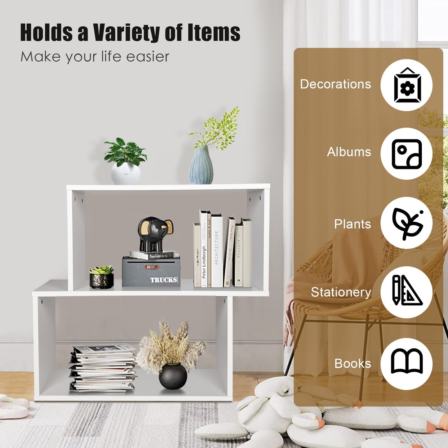 Irregular Wooden Bookshelf with 2 Compartments for Home Office-White