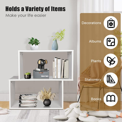 Irregular Wooden Bookshelf with 2 Compartments for Home Office-White