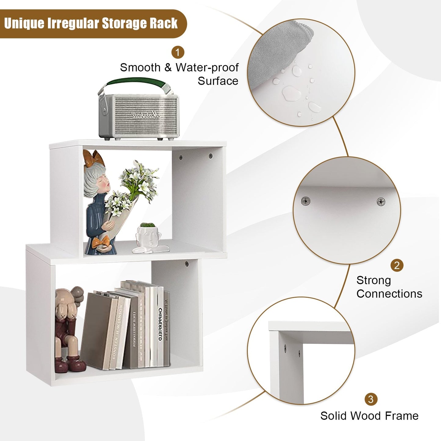 Irregular Wooden Bookshelf with 2 Compartments for Home Office-White