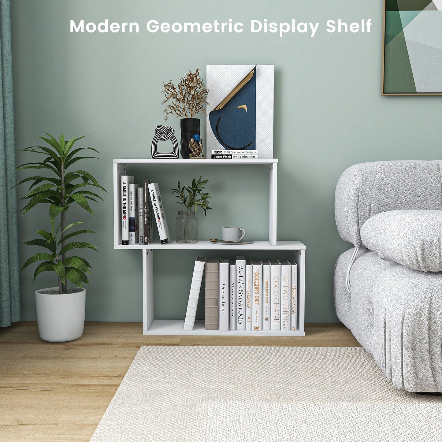 Irregular Wooden Bookshelf with 2 Compartments for Home Office-White