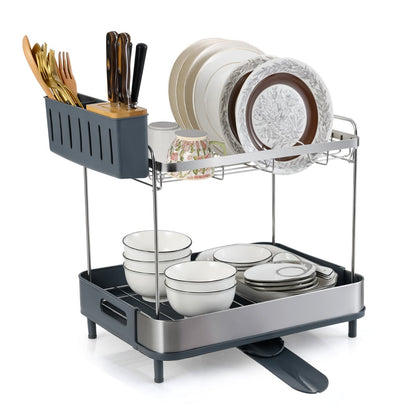 2-Tier Dish Drying Rack Stainless Steel Dish Drainer with Cutlery Holder
