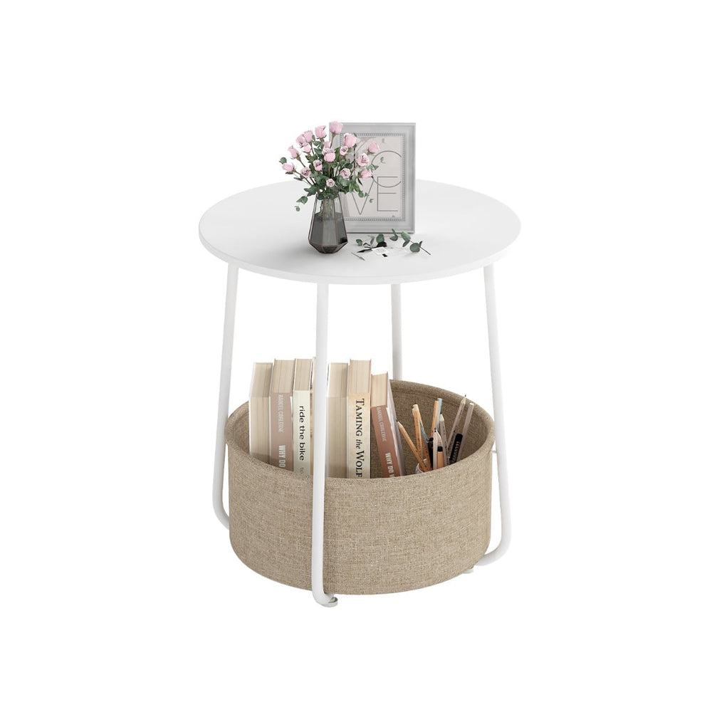 2-Tier End Table with Fabric Storage Basket and Metal Frame-White