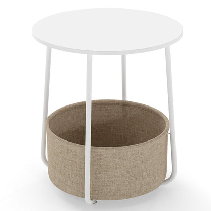 2-Tier End Table with Fabric Storage Basket and Metal Frame-White