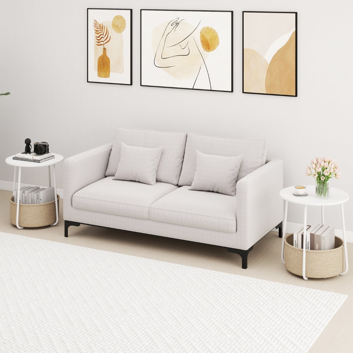 2-Tier End Table with Fabric Storage Basket and Metal Frame-White