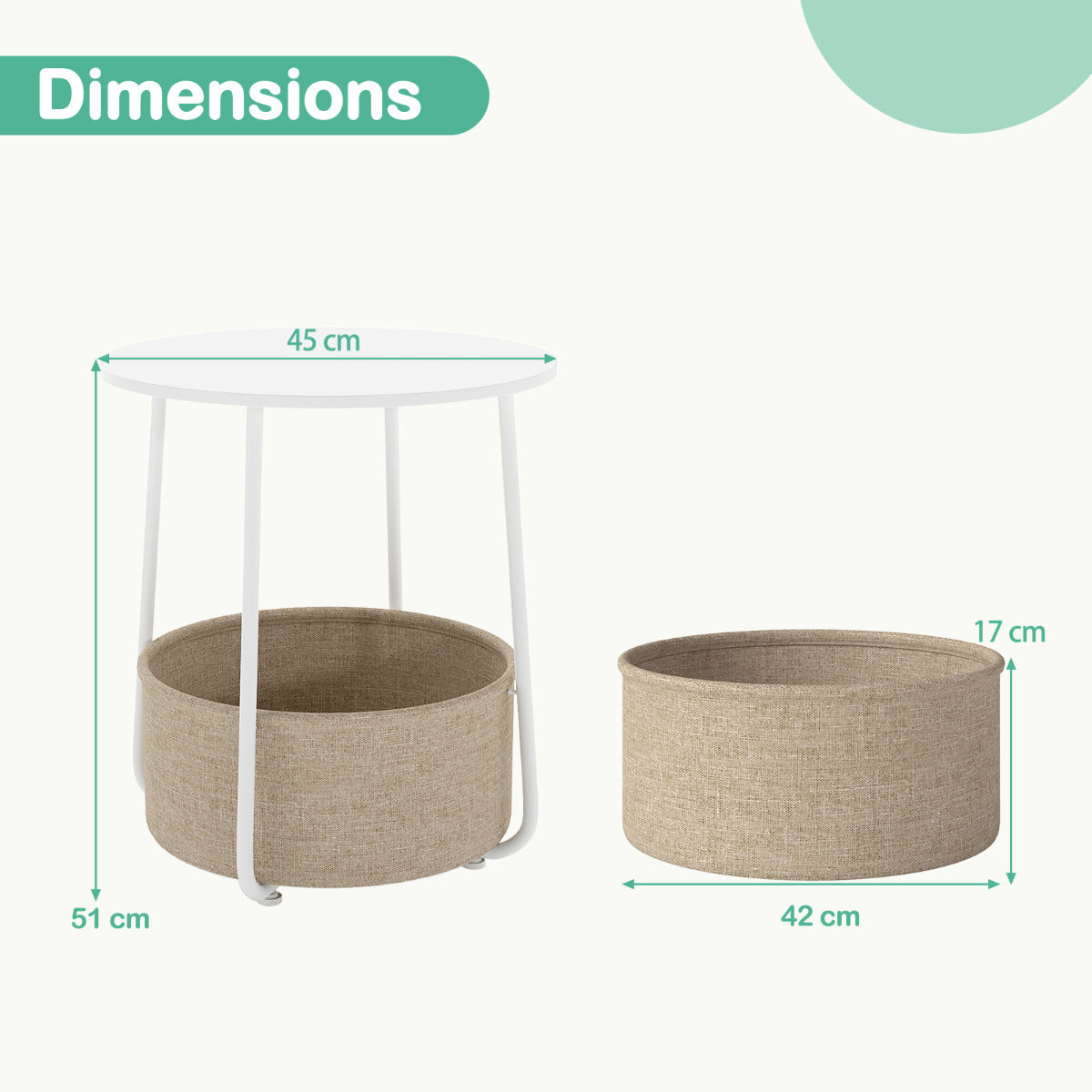 2-Tier End Table with Fabric Storage Basket and Metal Frame-White