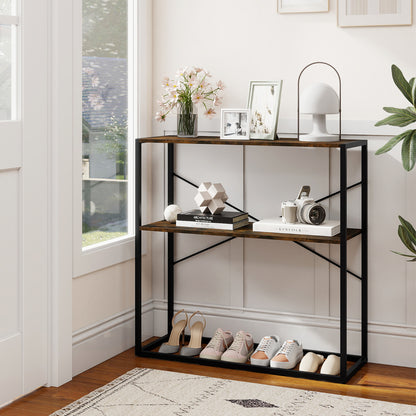 2-Tier Entryway Table with Marble Textured Open Shelves and Metal Frame-Rustic Brown