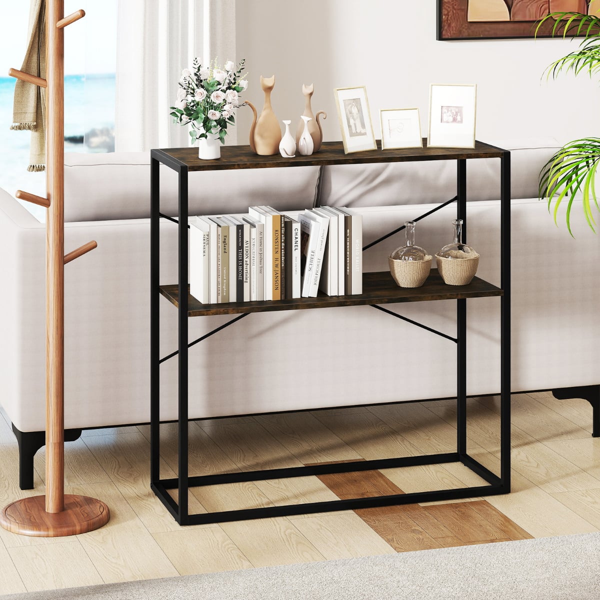 2-Tier Entryway Table with Marble Textured Open Shelves and Metal Frame-Rustic Brown