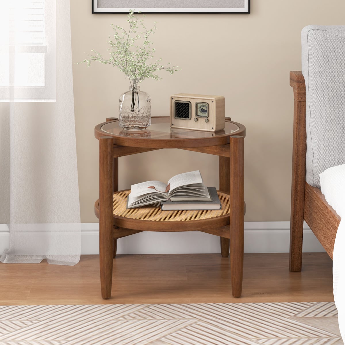 2-Tier Round Side End Table Set of 2 with Tempered Glass Tabletop