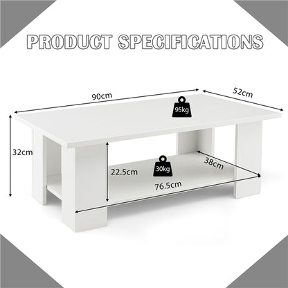 2-Tier Wooden Coffee Table with Storage Shelf and 5 Support Legs-White