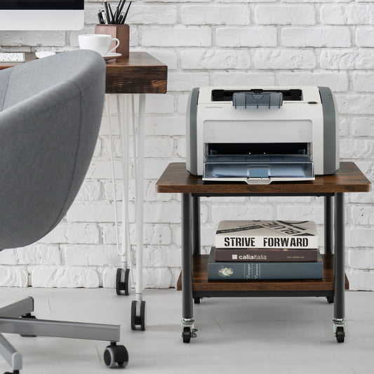 2 Tier Wooden Printer Stand with 360¬∞ Swivel Casters-Brown