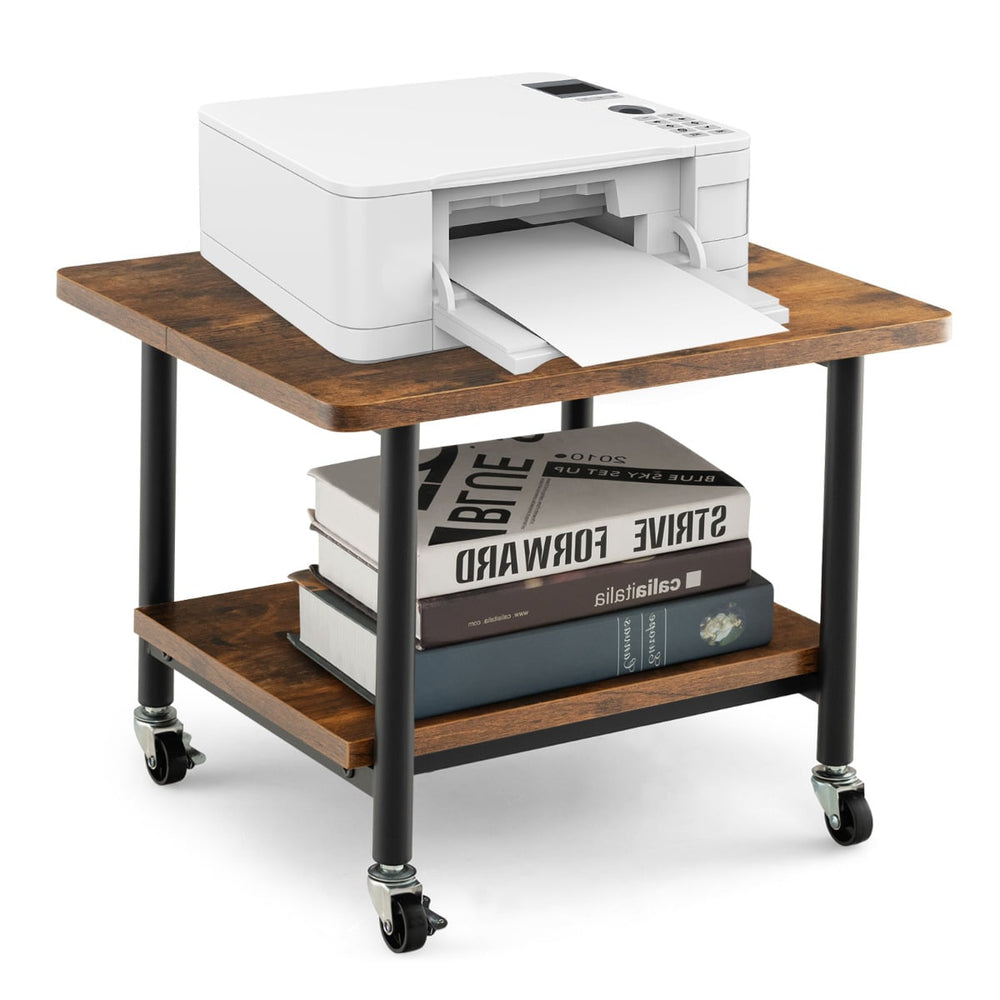 2 Tier Wooden Printer Stand with 360° Swivel Casters-Brown