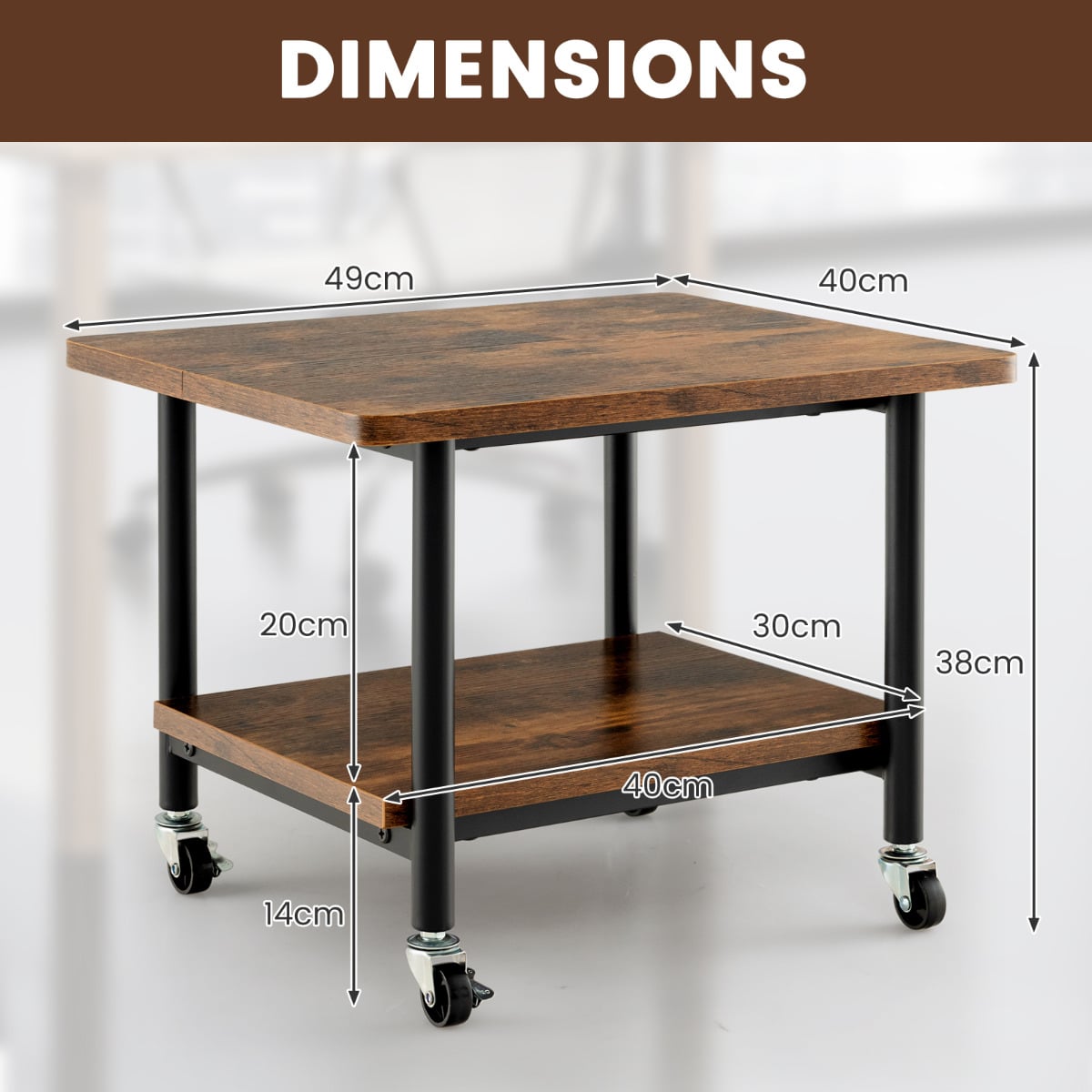 2 Tier Wooden Printer Stand with 360° Swivel Casters-Brown