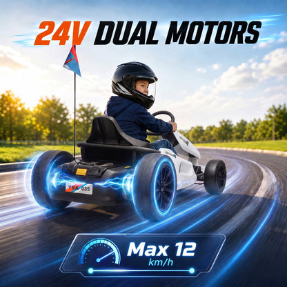 AIYAPLAY 24V Electric Drift Go Kart for Kids with Dual Motors, Soft Start, 12 KM/H High Speed, Headlight, for Ages 6-14, White