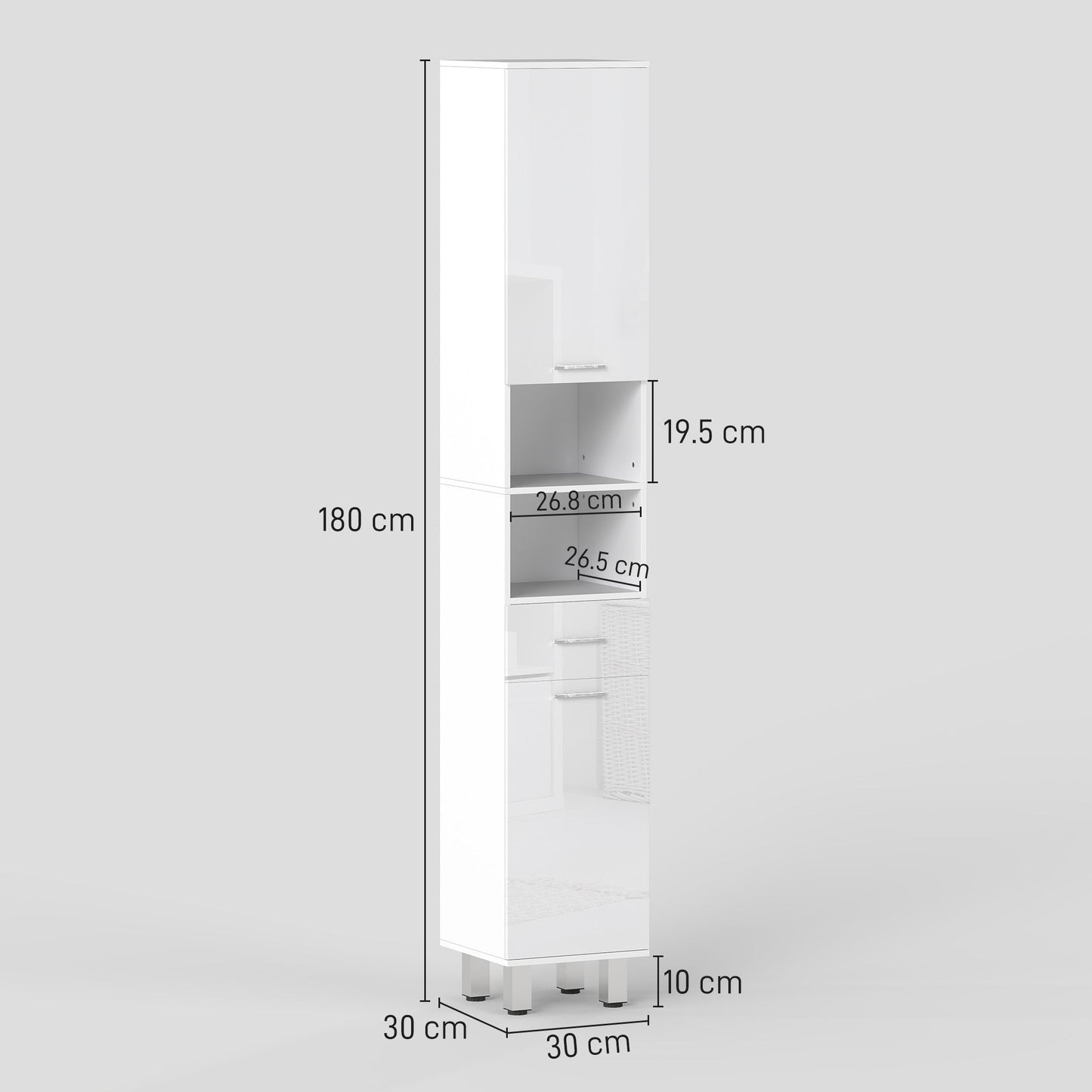 kleankin 71" Tall Slim Bathroom Storage Cabinet, Tall Narrow Cupboard with Drawer, Open Shelves, 2 Doors Cabinets and Adjustable Shelves for Kitchen, Hallway, Living Room, High Gloss White