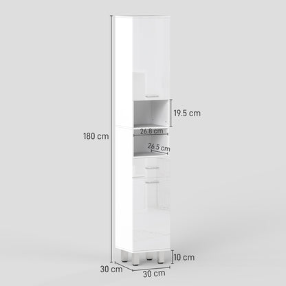 kleankin 71" Tall Slim Bathroom Storage Cabinet, Tall Narrow Cupboard with Drawer, Open Shelves, 2 Doors Cabinets and Adjustable Shelves for Kitchen, Hallway, Living Room, High Gloss White