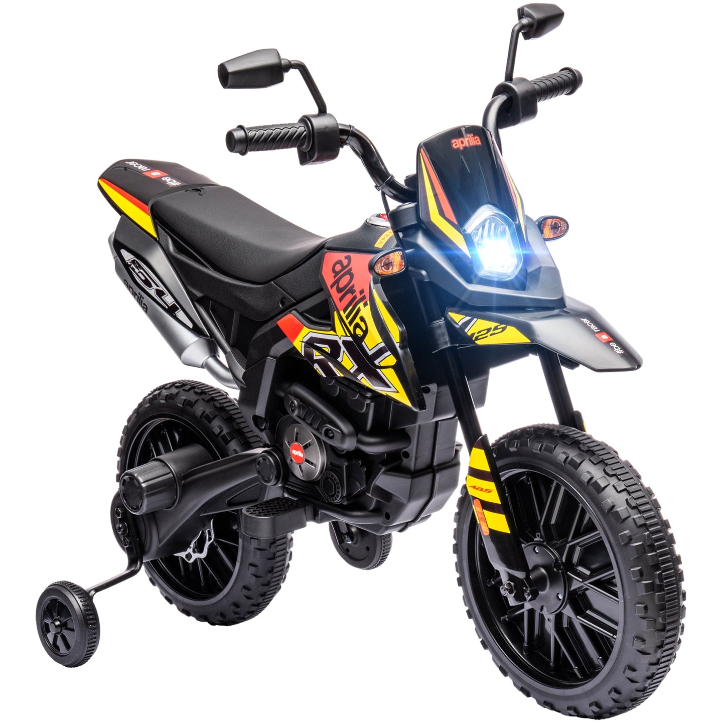 AIYAPLAY 12V Aprilia Licensed Kids Motorbike with Training Wheels, Spring Suspension, LED Headlight, USB, Music, Yellow/black