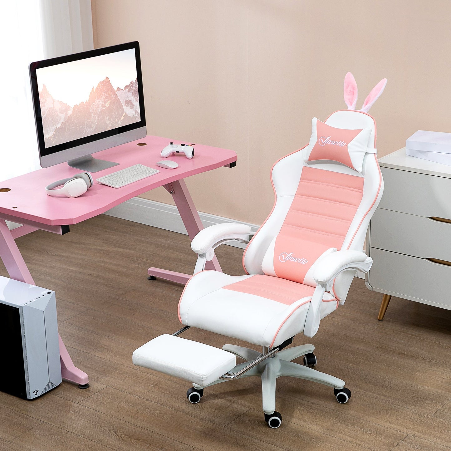 Vinsetto Racing Gaming Chair, Reclining PU Leather Computer Chair with Removable Rabbit Ears, Footrest, Headrest and Lumber Support, Pink