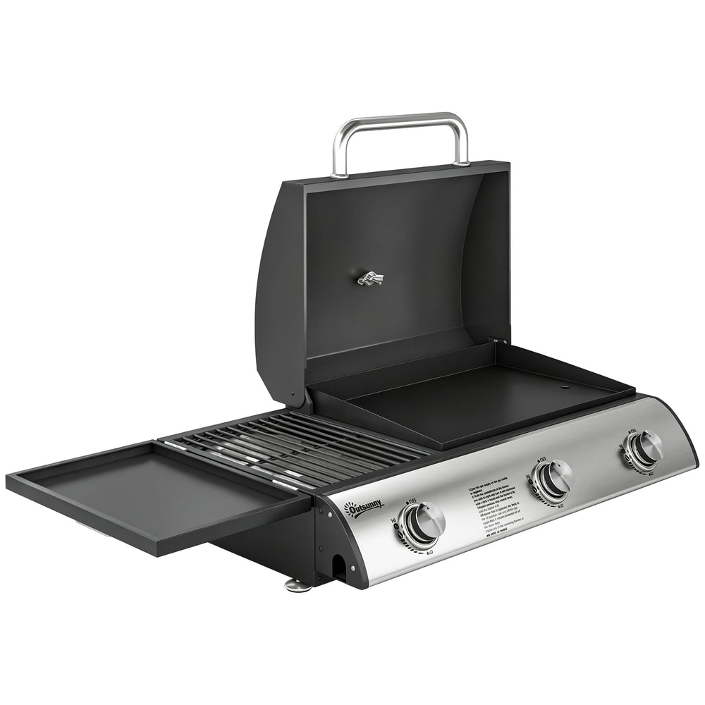 Outsunny 3 Burner Portable Gas Plancha BBQ Grill, 7.5 kW Outdoor Tabletop Gas Barbecue Grill with Griddle, Thermometer,, Black