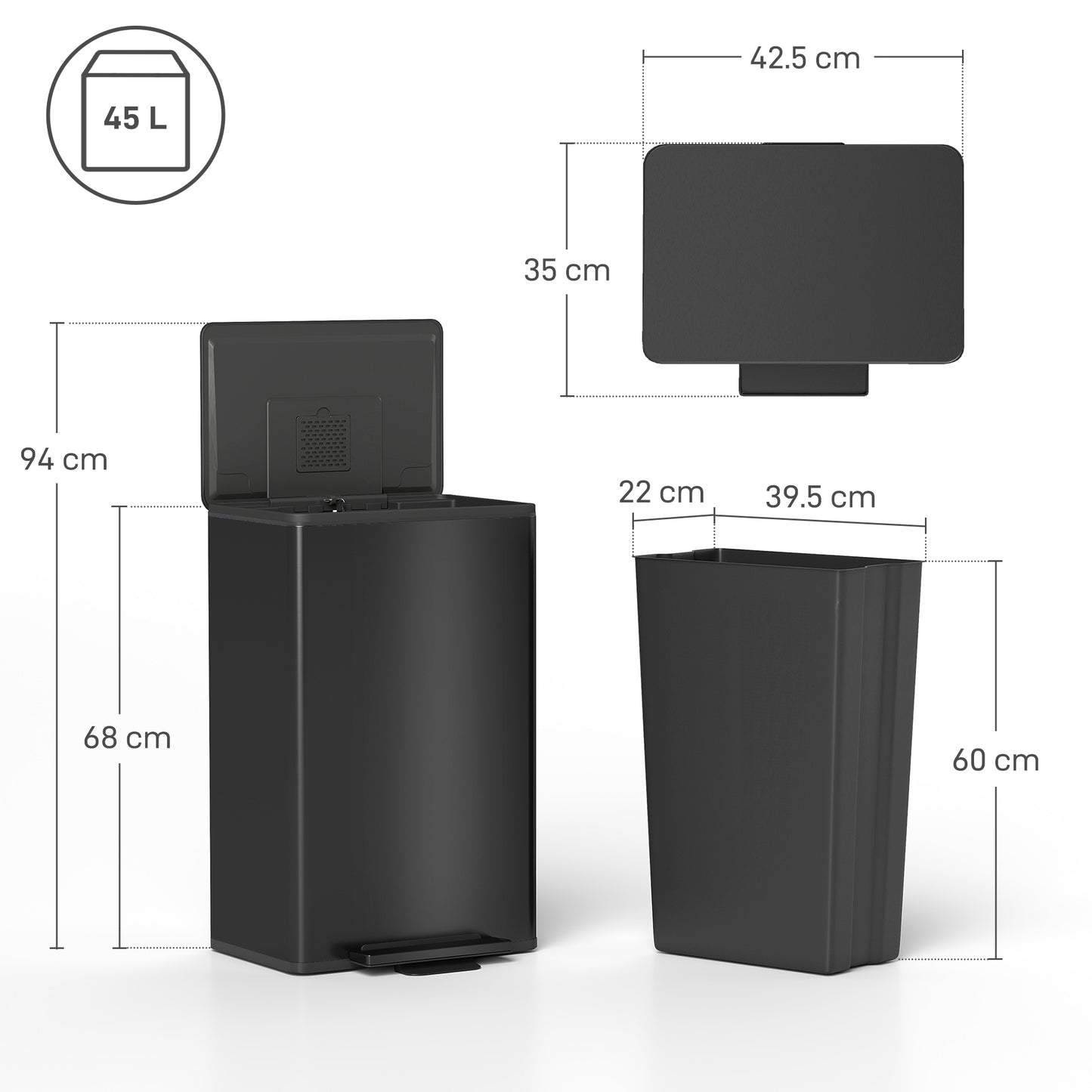 HOMCOM 45L Kitchen Bin, Pedal Bin with Soft-Close and Stay-Open Lid, Removable Inner Bucket, Odor Control for Kitchen, Office