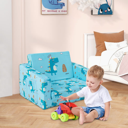 2-in-1 Toddler Fold-Out Couch Convertible Sofa with Side Pockets-Blue