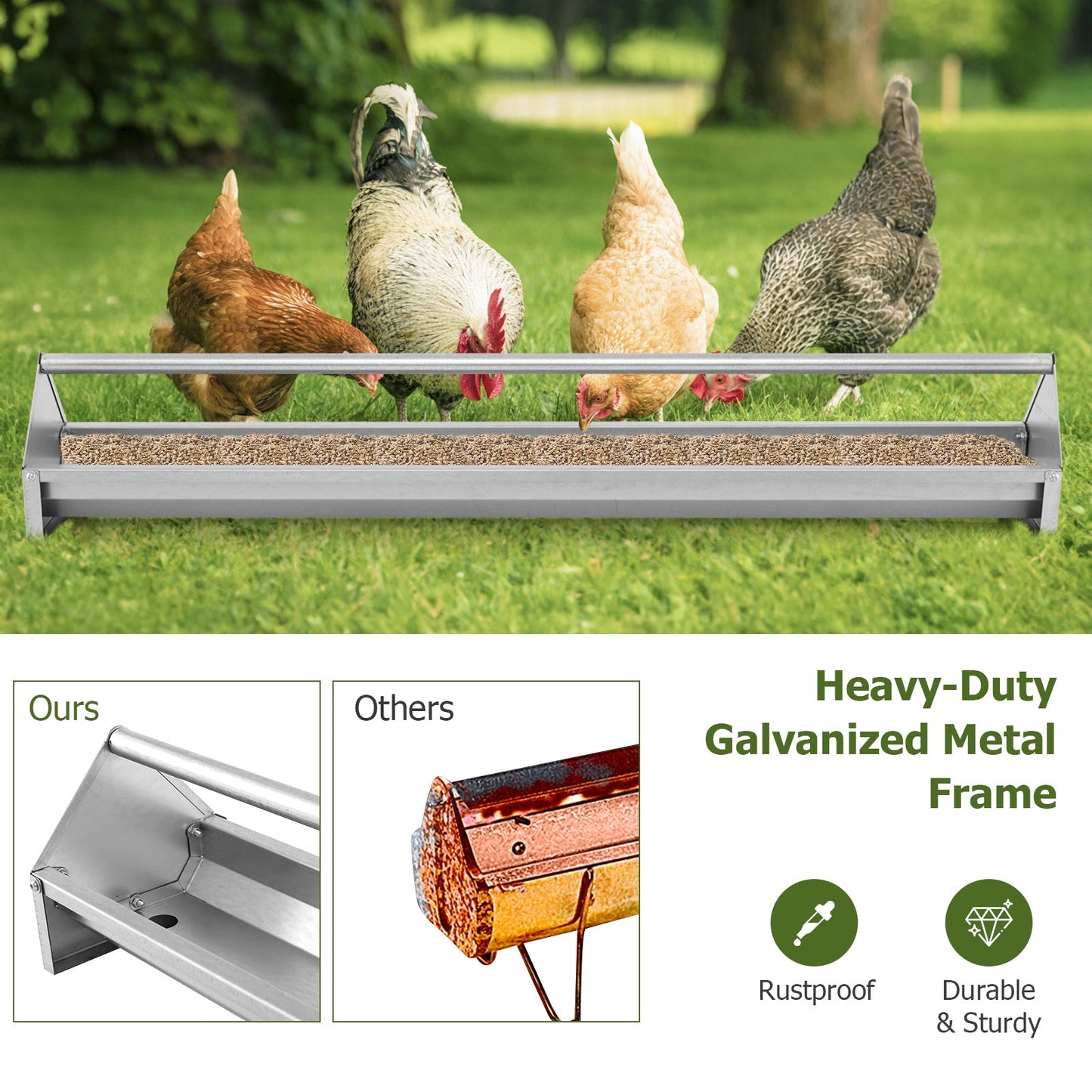 2-in-1 Galvanized Steel Wall Mount Hay and Grain Feeder with Adjustable Distance-Silver