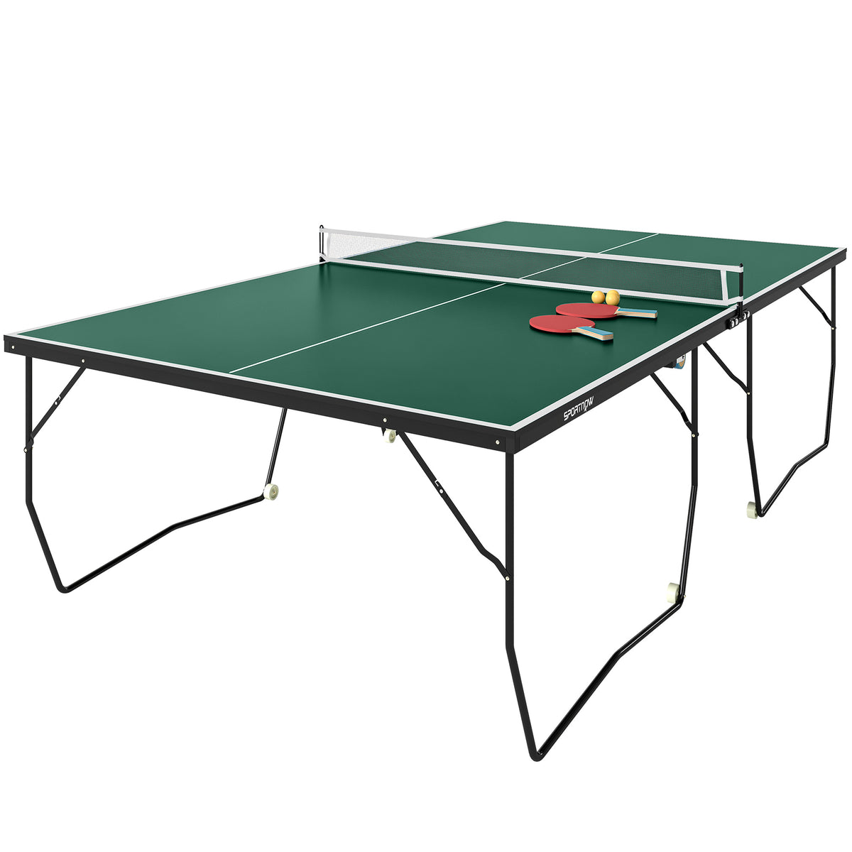 SPORTNOW 9FT Folding Tennis Table, with 8 Wheels, for Indoor Use, Green