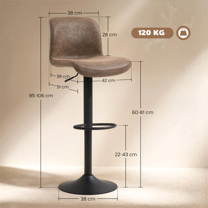 HOMCOM Bar Stools Set of 2, PU Leather Barstools with Backrest and Footrest for Kitchen, Counter, Breakfast Bar, Brown