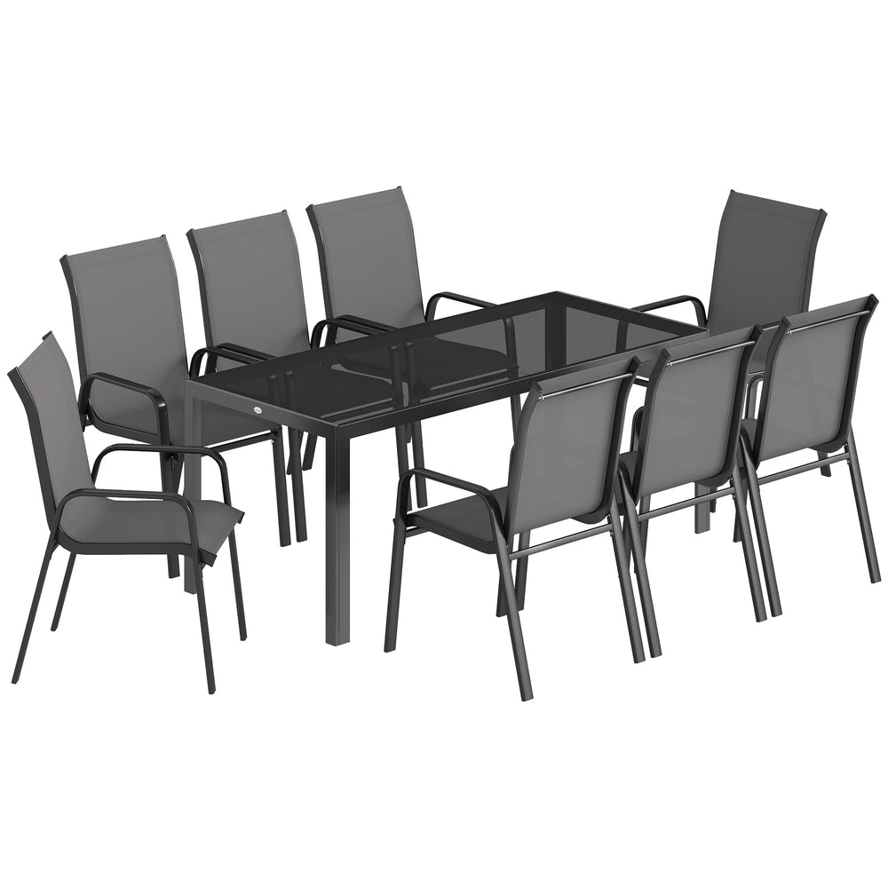 Outsunny 9 Pieces Garden Dining Set, Outdoor Table and Chairs Set for 8, Garden Furniture Set with Tempered Glass Top, Dark Grey