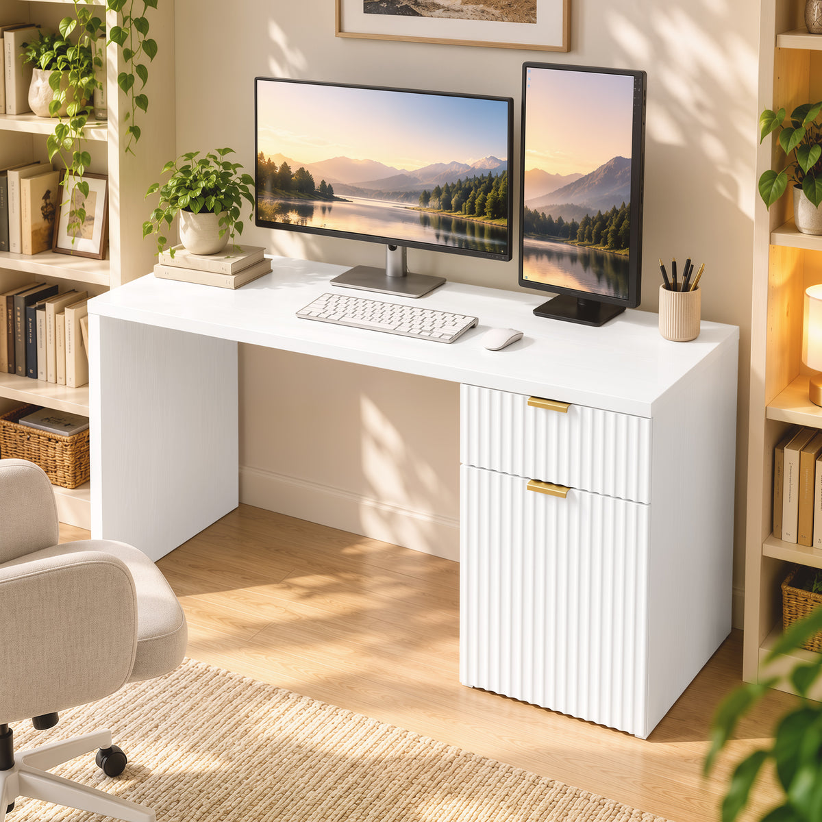 HOMCOM Computer Desk with Drawer, 120 cm Reversible Office Desk, Cabinet, Adjustable Shelf, Thick Top, White