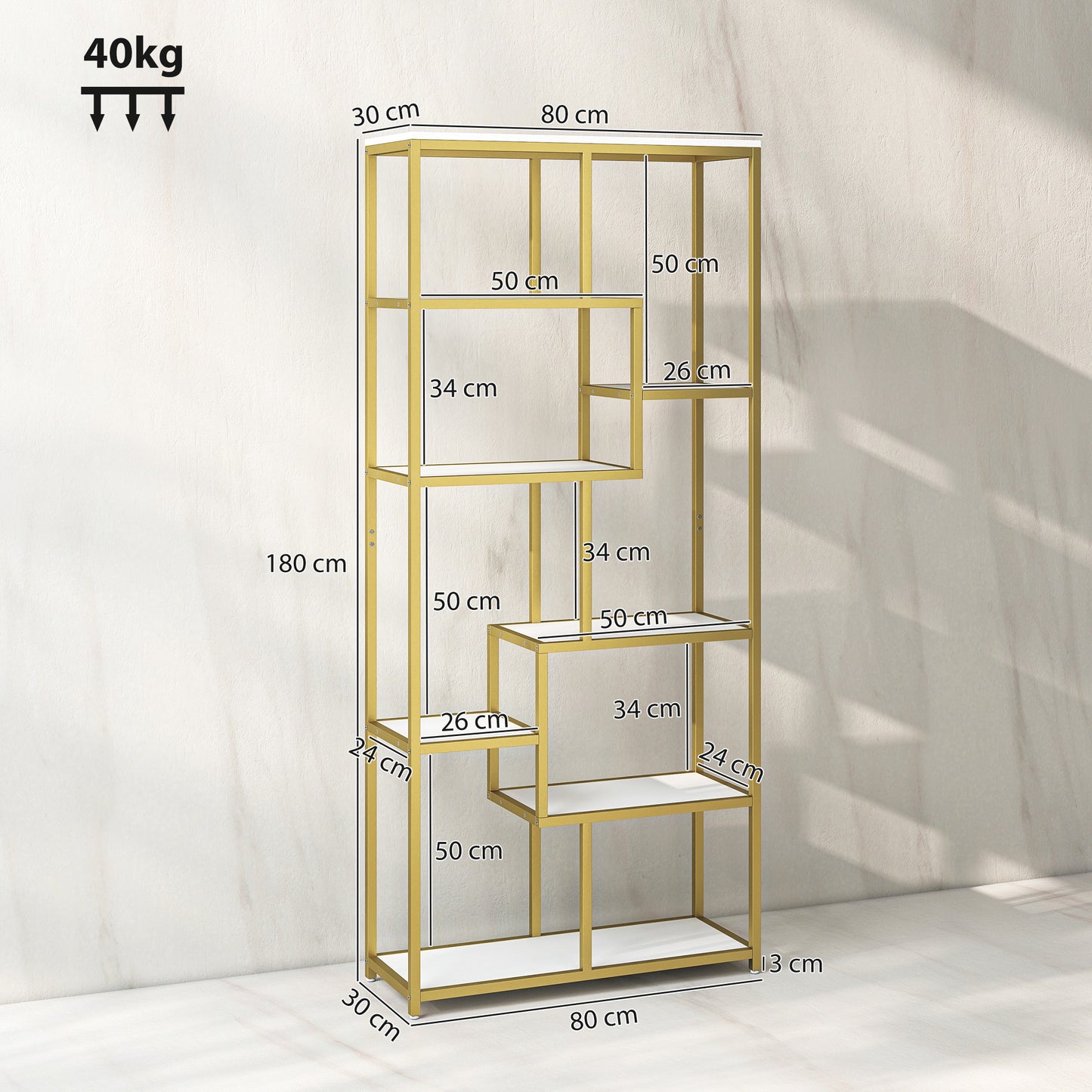 HOMCOM Seven-Tier Geometric Bookcase - White/Gold Tone