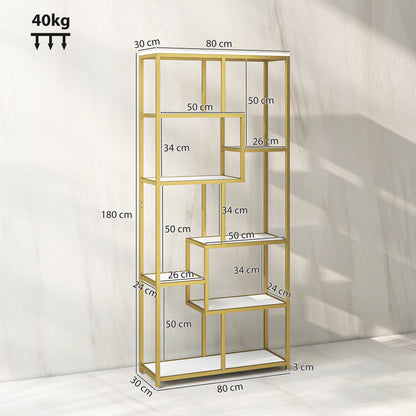 HOMCOM Seven-Tier Geometric Bookcase - White/Gold Tone