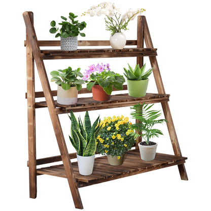 Outsunny Wooden Folding Flower Pot Stand 3 Tier Garden Planter Display Ladder Gardener Storage Shelves Rack Herb Holder (100L x 37W x 93H cm)