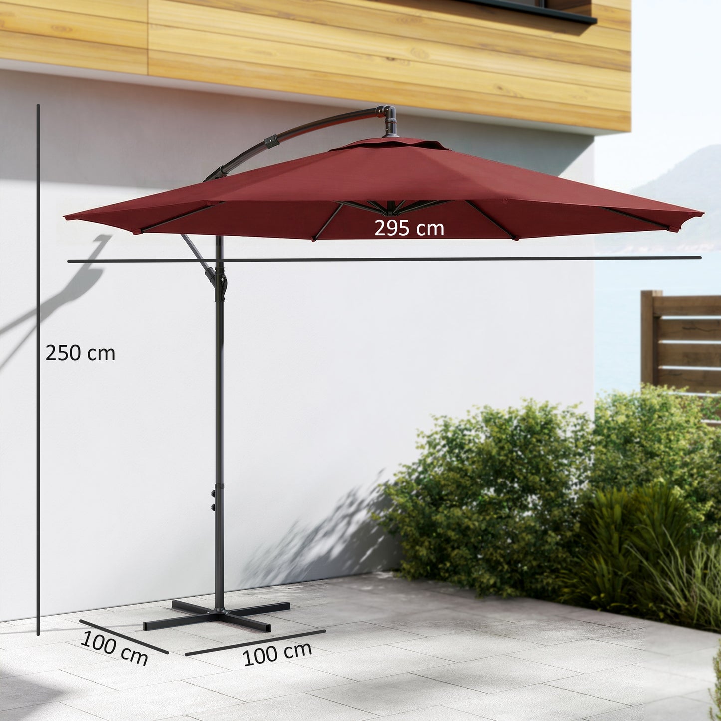 Outsunny 3 m Overhanging Cantilever Parasol, with Cross Base - Wine Red