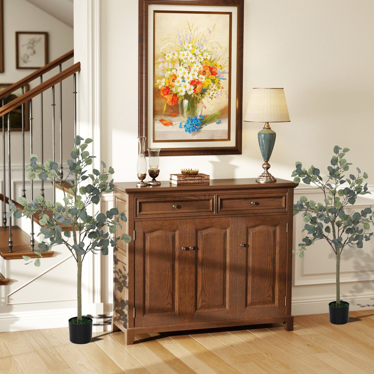 HOMCOM Set of 2 Decorative Artificial Tree, 4ft/ 120cm Silk Eucalyptus Trees with 230 Silver Dollar Leaves in Pot, Fake Plants for Home, Office, Living Room, Indoor Decor