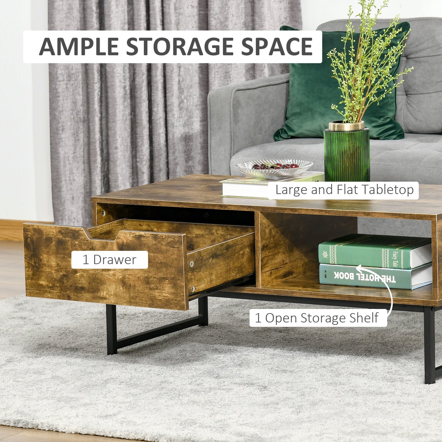 Industrial Coffee table Wooden End Table with Shortage Shelf and Drawer Modern Sofa Table Metal Frame, Rustic Brown 106W x 48D x 43H cm