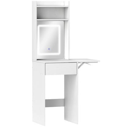 HOMCOM Small Vanity Desk with Mirror and LED Lights, Compact Dressing Table with Drop Leaf, Open Shelves and Drawer, White