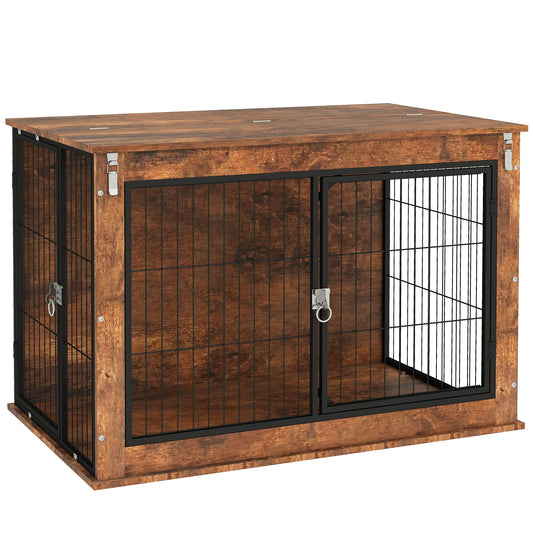 PawHut Dog Crate Furniture with Openable Top, Two Doors, for Large Dogs, Rustic Brown