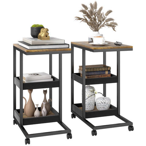 HOMCOM Mobile Sofa Side Table Set of 2, Industrial C-Shaped Rolling Couch Table with 3-Tier Storage Shelving Four Lockable Wheels Steel Frame, Dark Brown