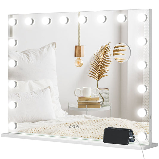 HOMCOM Hollywood Vanity Mirror with Lights, Large 80x62 cm Lighted Makeup Mirror with 3 Colour, 18 LED Bulbs, 10X Magnifying, USB Charging Port, Touch Screen, Tabletop or Wall Mounted Design, White