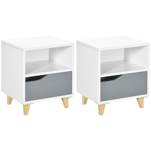 HOMCOM Modern Bedside Table, Side End Table with Shelf, Drawer and Wood Legs, 36.8cmx33cmx43.8cm, White and Grey